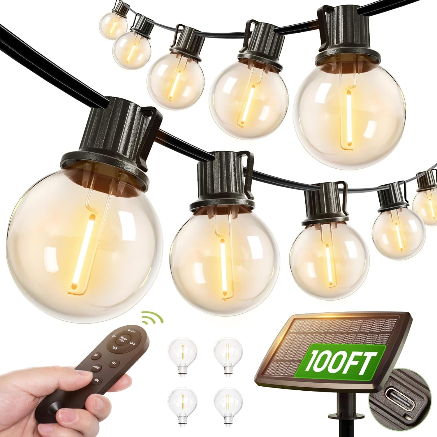 100FT Solar String Lights Outdoor with Remote, 54 LED Shatterproof Bulbs, Dimmable & Timable, 3 Light Modes, G40 Waterproof Solar String Lights for outside Backyard Party Decor