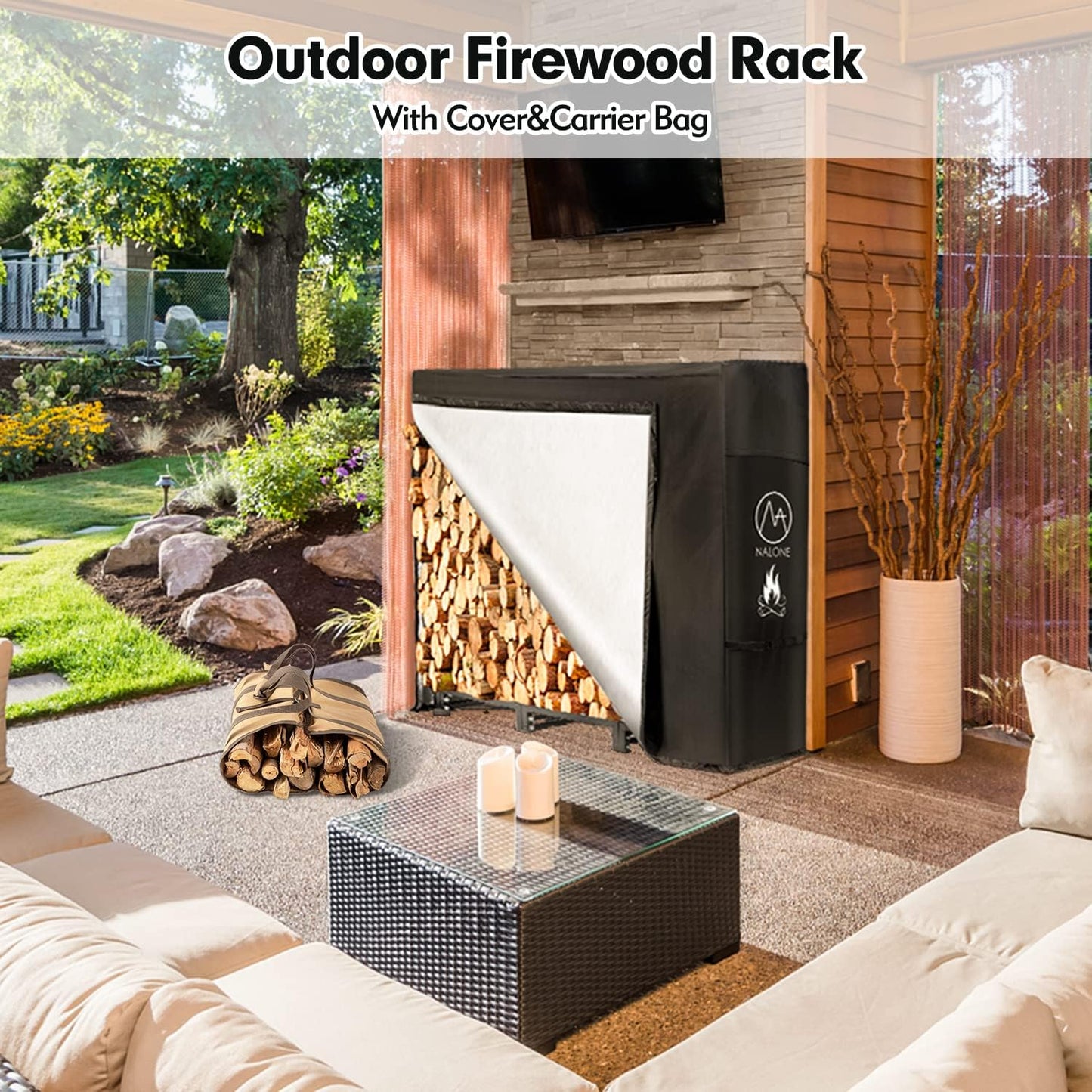 4FT Outdoor Firewood Rack with Cover&Carry Bag Heavy Duty Square Strong Stand Rack with Waterproof Cover for Fireplace Fire Pits Wood Pile Storage Holder Lumber Rack