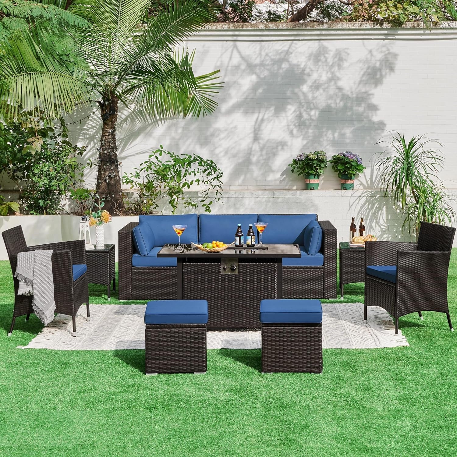 3-Seat Patio Wicker Sofa, Outdoor Rattan Couch with Furniture Cover, Deep Seat High Back with Cushions & Throw Pillows for Deck/Porch/Balcony/Yard, Brown/Dark Blue