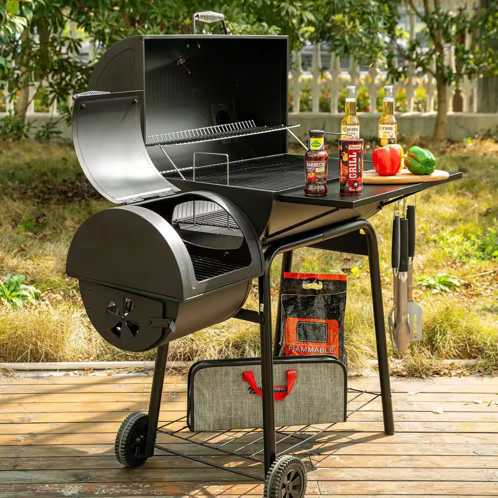 Charcoal Grill in Black with Offset Smoker and Side Table