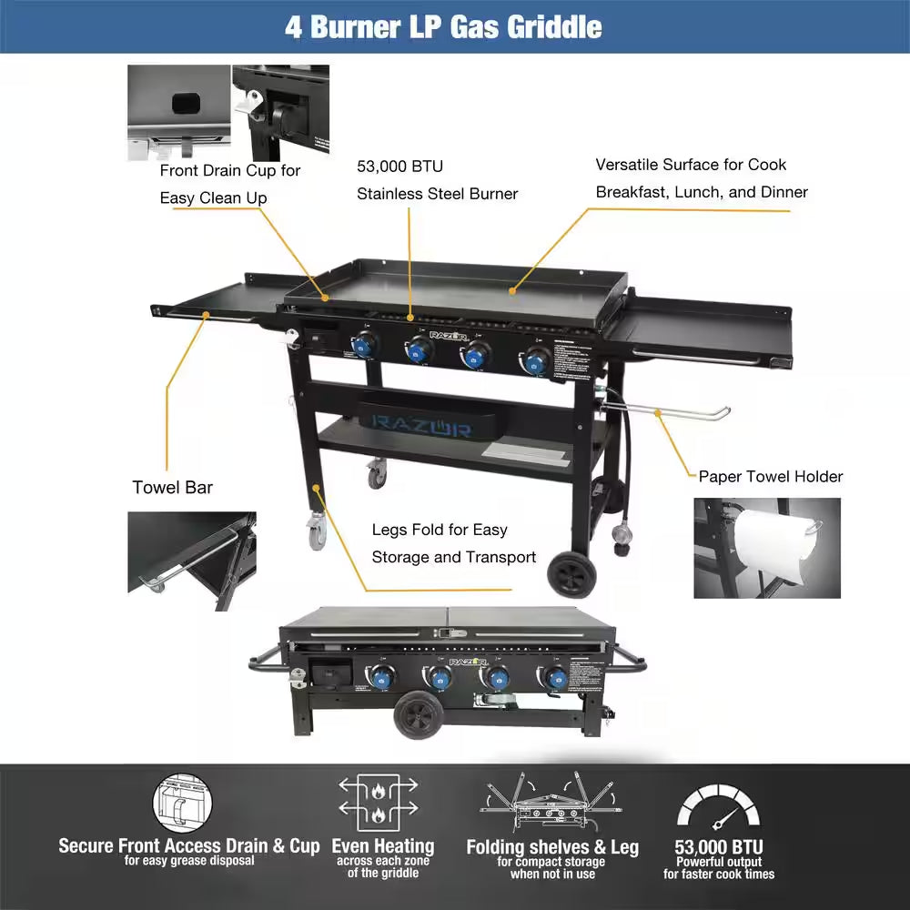 37 In. 4-Burner Portable Propane Gas Griddle Flat Top Grill in Black with Foldable Shelves and Cover