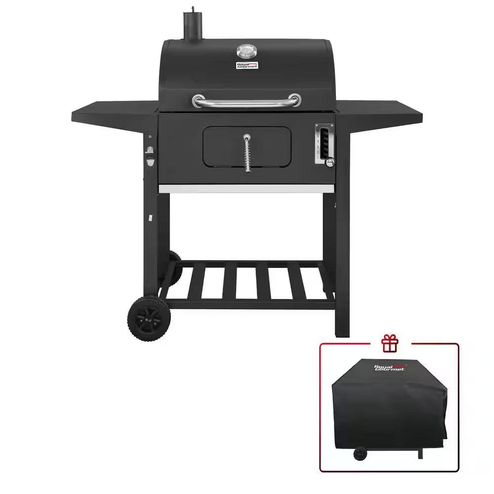 24 In. BBQ Charcoal Grill in Black with 2-Side Table with Cover