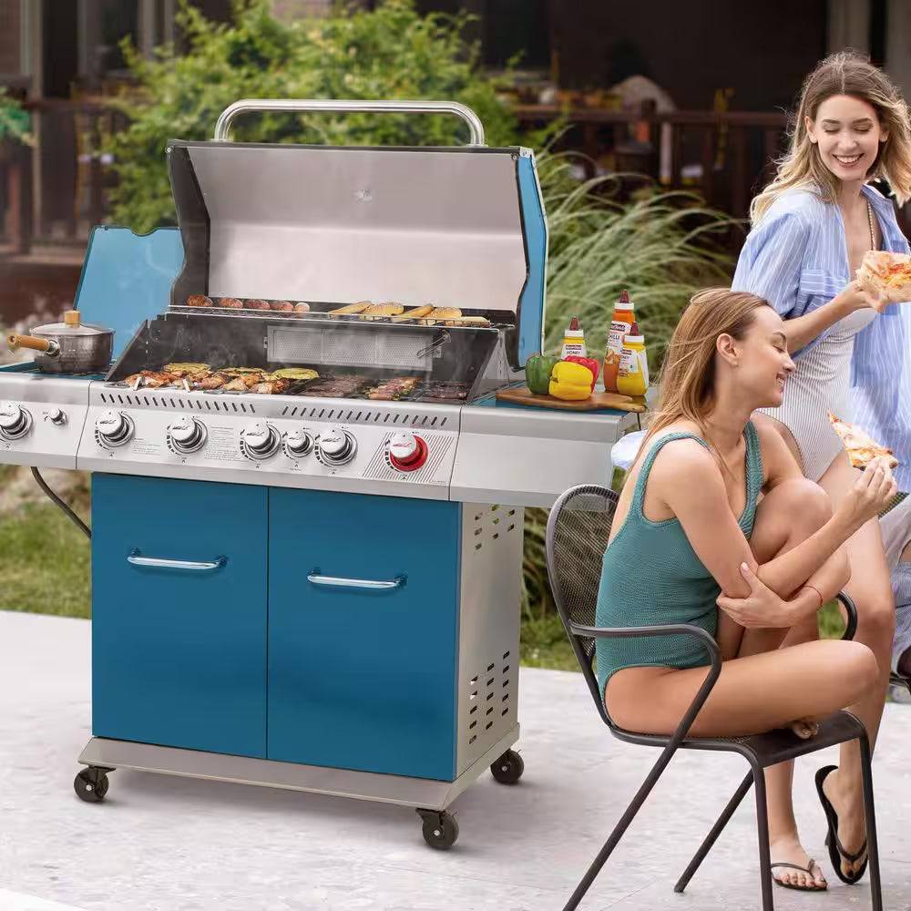 7 Burner Propane Gas Grill in Blue, Sear Burner, Rear Burner and Side Burner