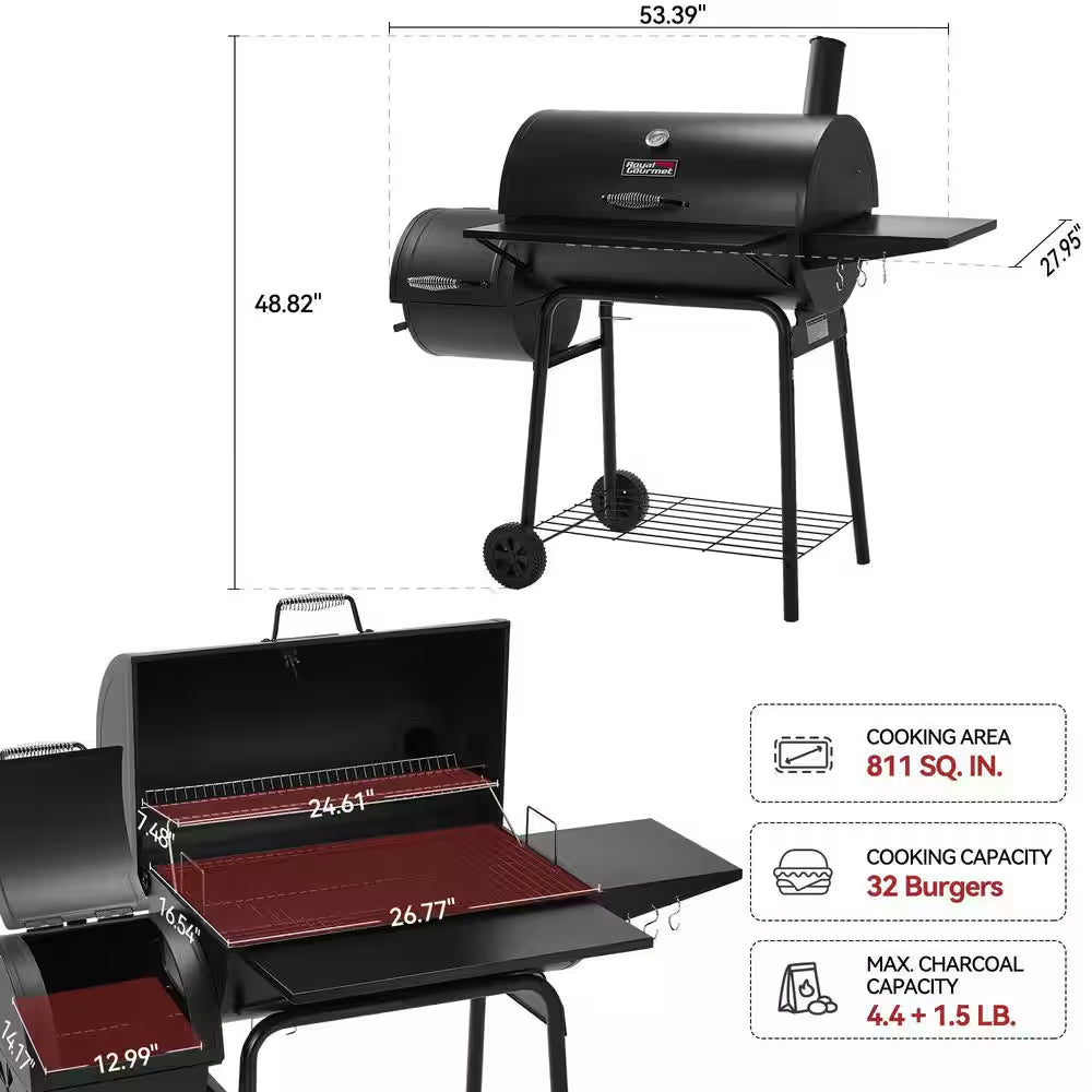 Charcoal Grill in Black with Offset Smoker and Side Table