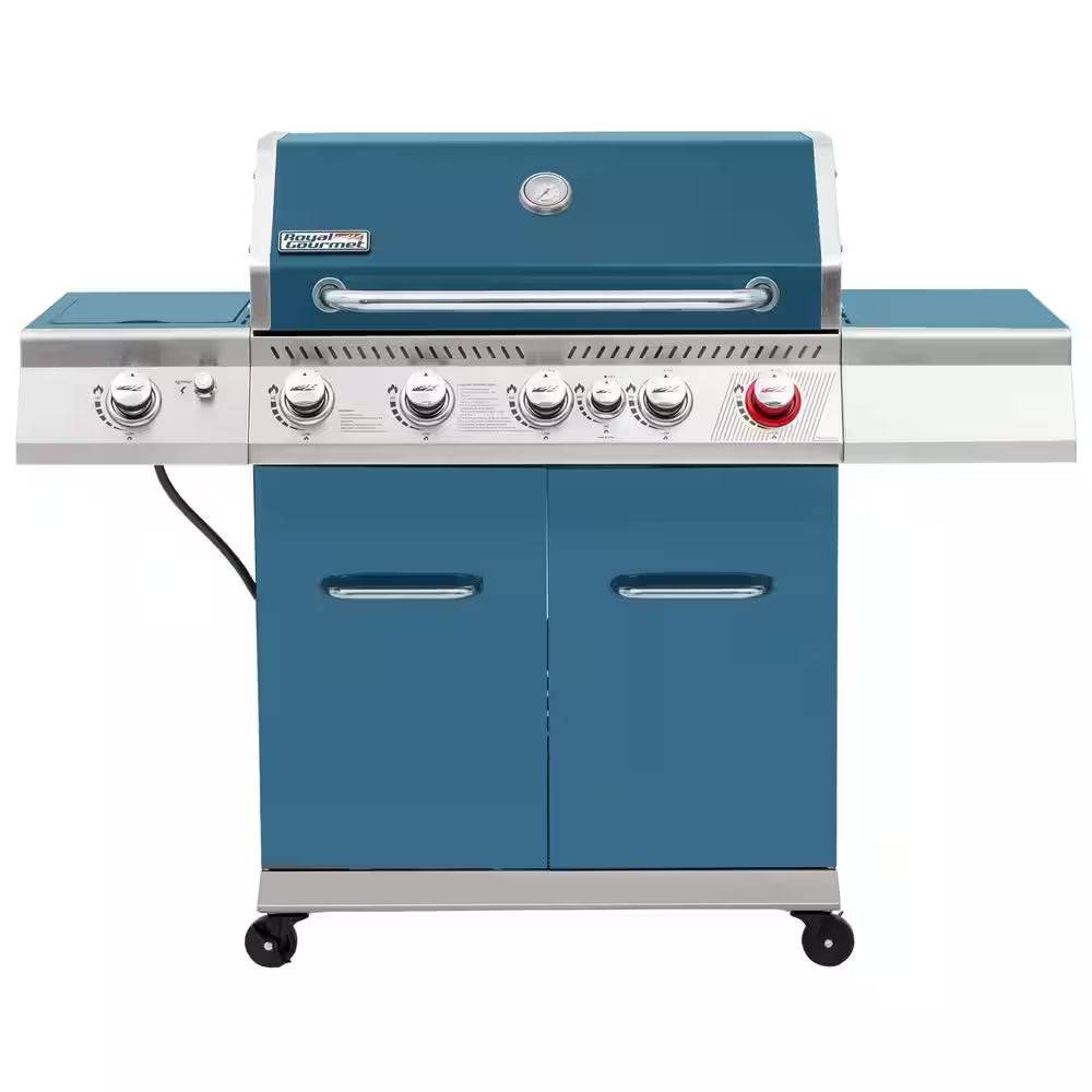 7 Burner Propane Gas Grill in Blue, Sear Burner, Rear Burner and Side Burner