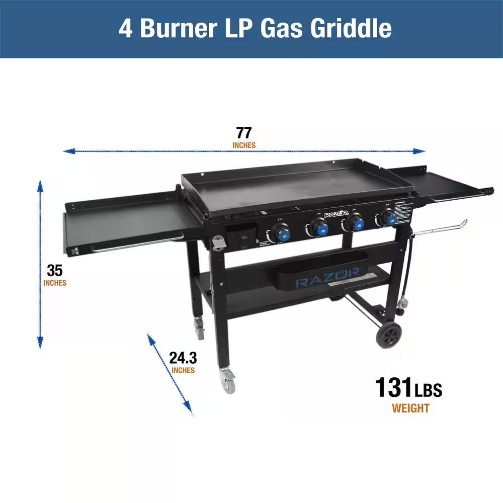 37 In. 4-Burner Portable Propane Gas Griddle Flat Top Grill in Black with Foldable Shelves and Cover