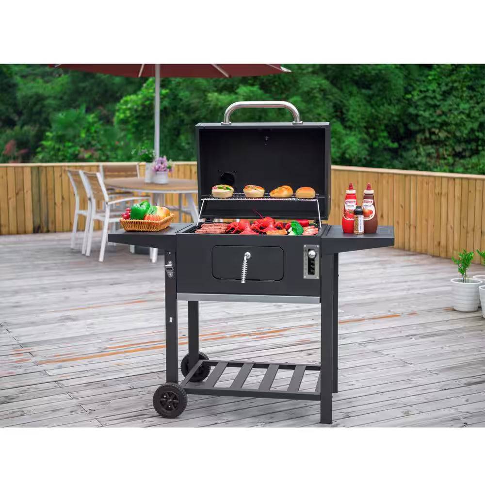 24 In. BBQ Charcoal Grill in Black with 2-Side Table with Cover