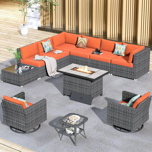 11 Piece Patio Sectional Furniture Set with Fire Pit Table,Modern Wicker Outdoor Conversation Sofa Sets,Weather Resistant Modular L Shaped outside Couch Swivel Chair Set(Orange Red)
