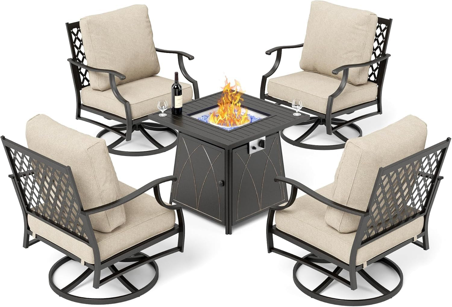 Patio Furniture Set with Firepit Table, 5 Piece Metal Outdoor Patio Furniture Set for 4, 4 Swivel Chairs with 5.75" Extra Thick Cushion and Gas Firepit Table for Backyard Poolside Deck