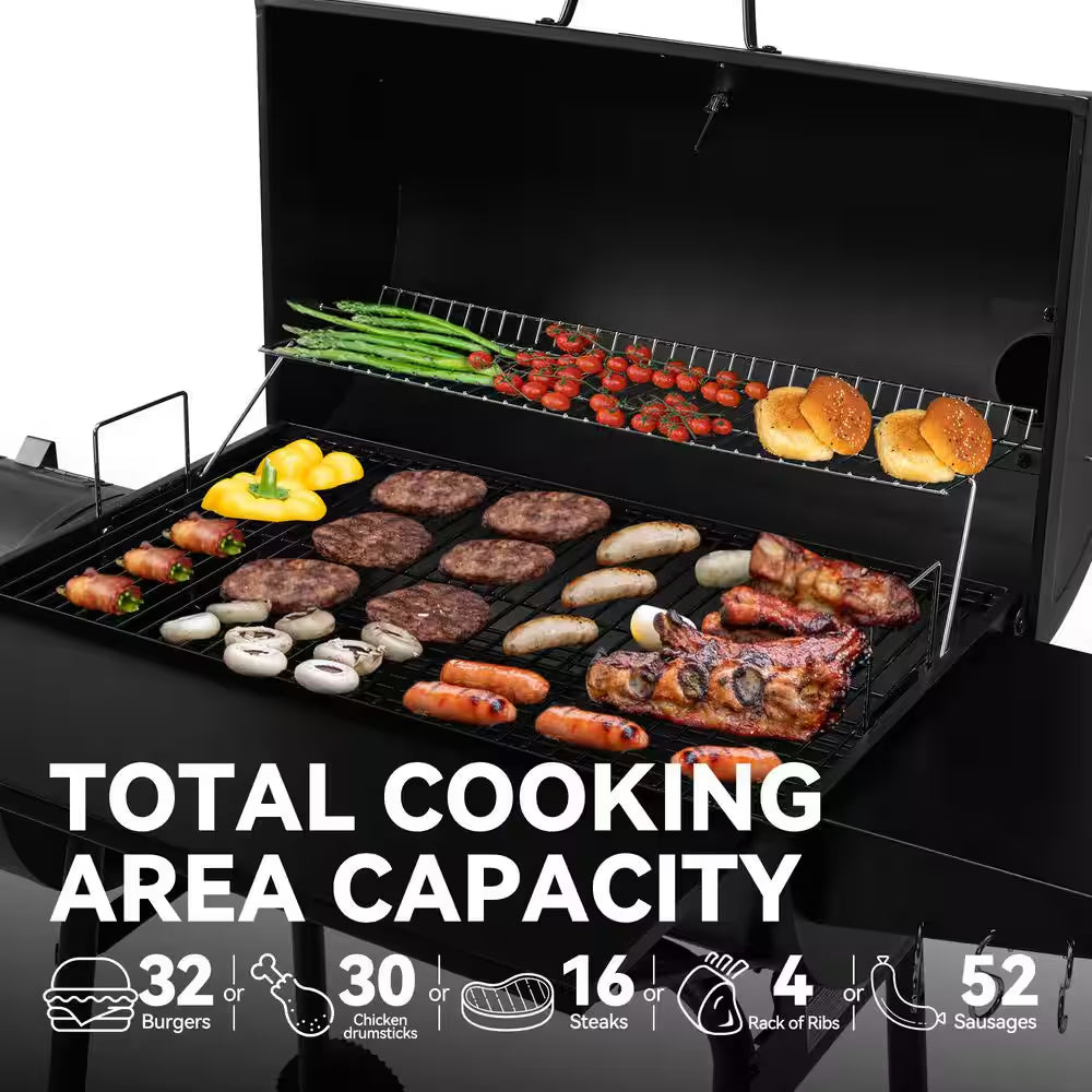 Charcoal Grill in Black with Offset Smoker and Side Table
