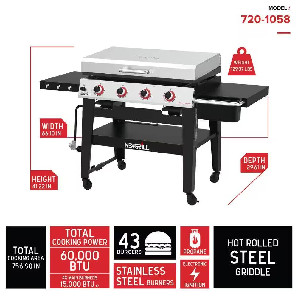 Daytona 4-Burner Propane Gas Grill 36 In. Flat Top Griddle in Black with Stainless Steel Lid