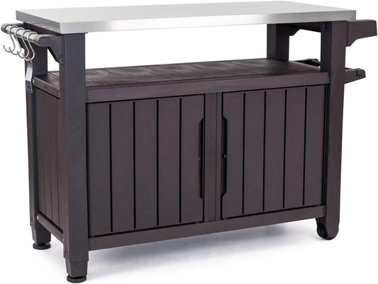 Outdoor Rolling Table Cart for Food Prep, Storage, Bar & Grill, Dark Brown - Portable Kitchen Island Tabletop with Wheels for Drinks, Snacks, and Cooking