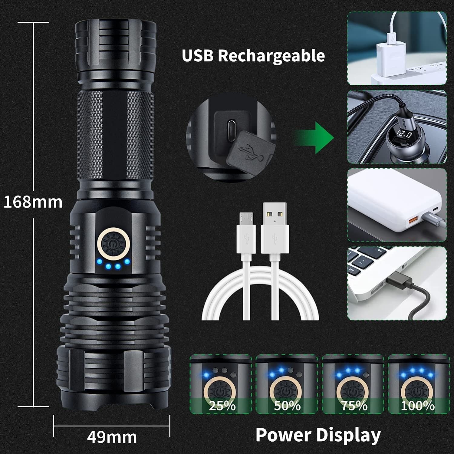 Rechargeable Flashlight High Lumens, 120000 Lumens XHP70.2 Super Bright Powerful Tactical LED Flashlights, Zoomable, 5 Modes, Waterproof Flashlight for Emergencies, Hiking, Camping