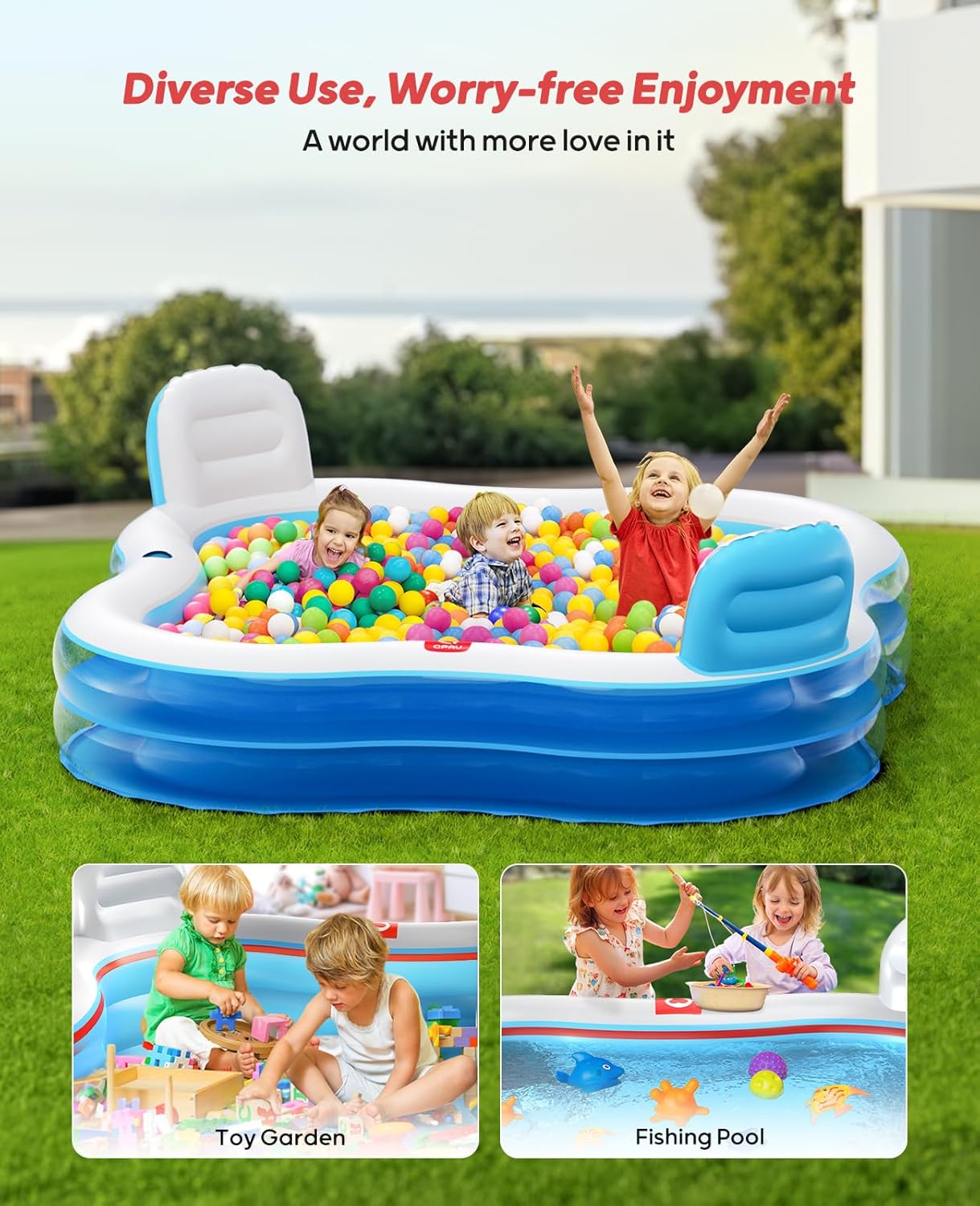 Large Inflatable Swimming Pool with Two Seats and Backrests, 80" L x 80" W x 27" D