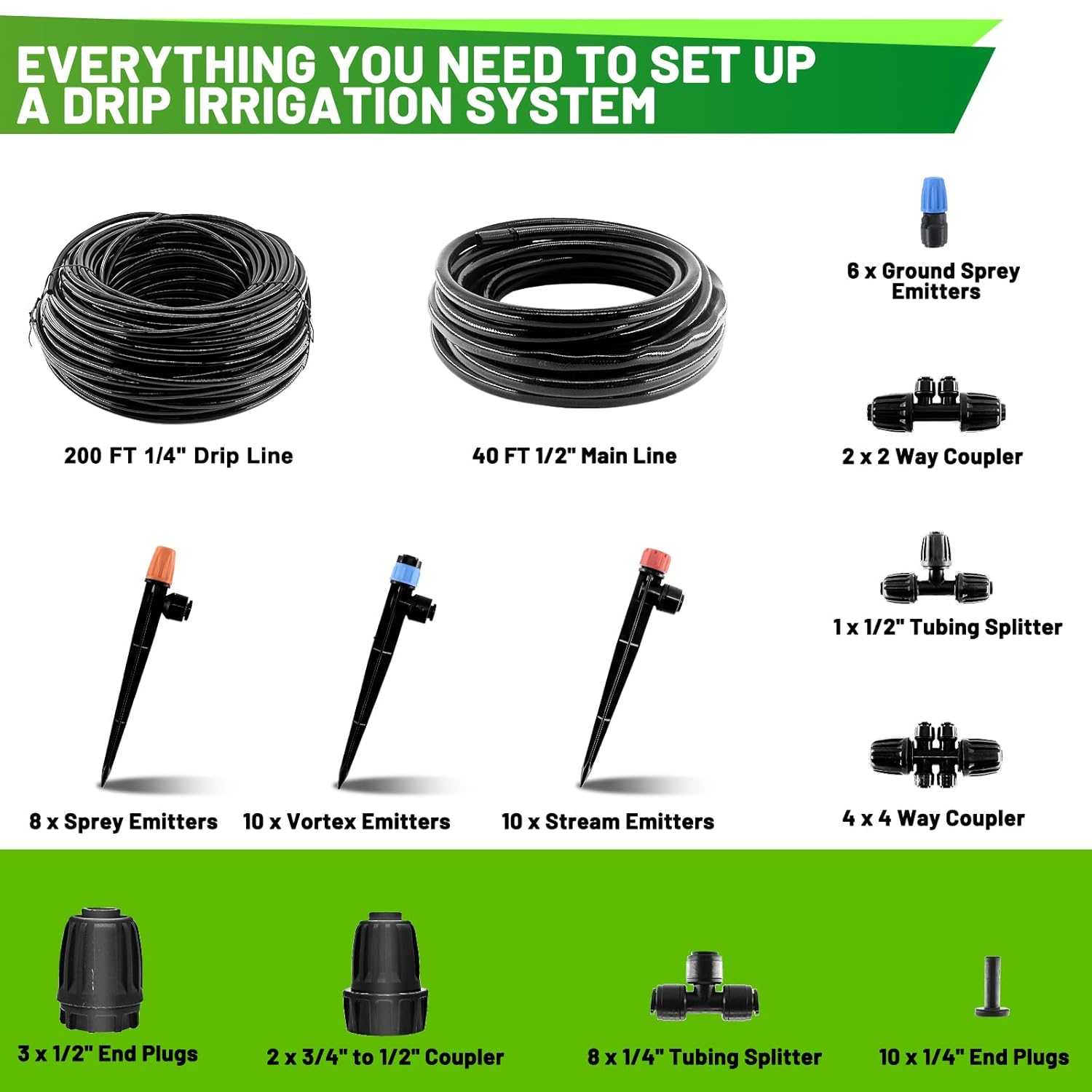 240FT Drip Irrigation System, 2025 Quick Connector Irrigation System for Garden, Adjustable Nozzles, Garden Watering System with 1/4" & 1/2" Tubing, Sprinklers for Garden, Vegetable, Greenhouse, Lawn