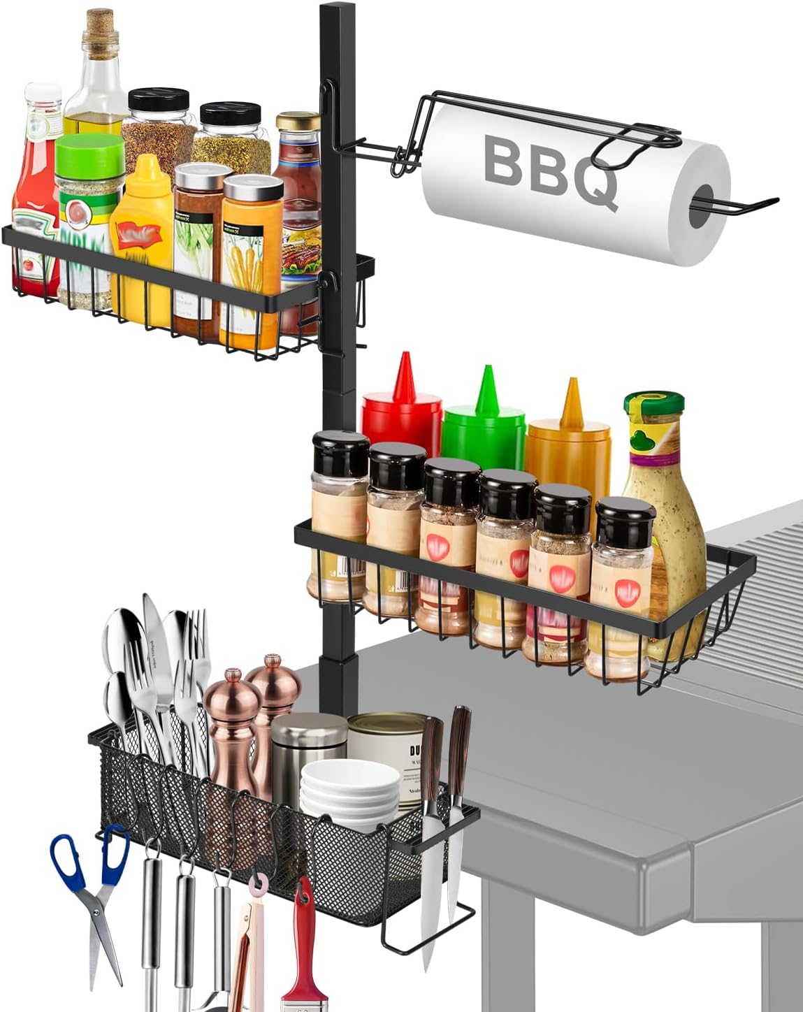 Grill Caddy for Outdoor Grill, Blackstone Griddle Accessories with Paper Towel Holder, for Blackstone Griddles 17"/22"/28"/36", Outdoor Kitchen Grill Carry System, Picnic Utensil Condiment Organizer