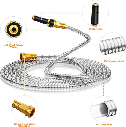 100 FT Garden Hose Expandable - 304 Stainless Steel Water Hose 100 FT - Heavy Duty Flexible Kink Free Hose, No Bite