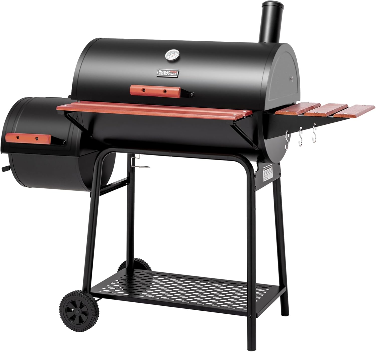  30-Inch Charcoal Grill with Offset Smoker and Wood-Painted Side Table, Outdoor 