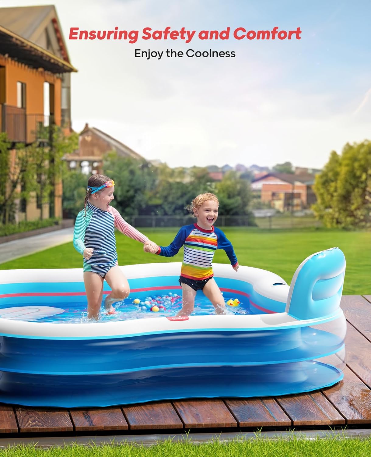 Large Inflatable Swimming Pool with Two Seats and Backrests, 80" L x 80" W x 27" D