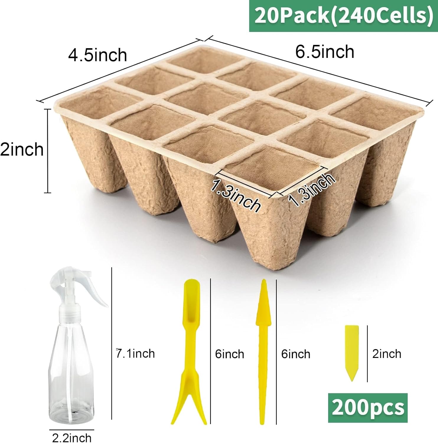240 Cells Seed Starter Tray, 20 Pack Biodegradable Seed Starter Kit, Peat Pots for Seedlings with 200 Plant Labels, 2 Seed Planting Tool and 1 Spray Bottle