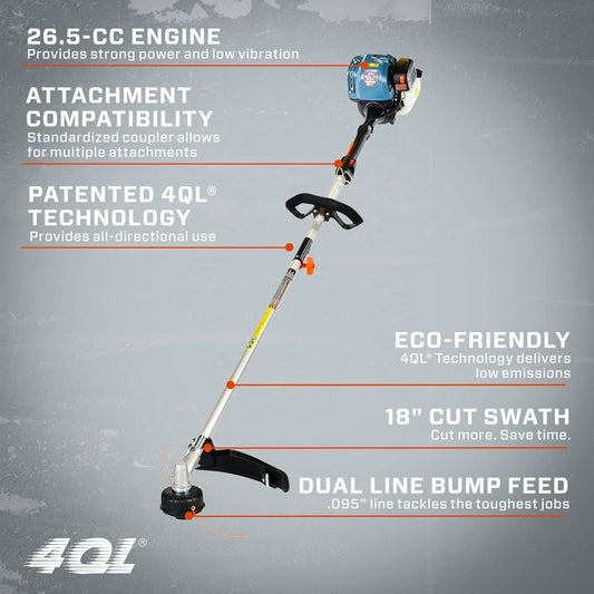 4QL 26.5 Cc Full Crank Gas Weed Wacker, String Trimmer and Edger Lawn Tool with Straight Shaft, Front D-Handle, Bump Feed, 17.7 Inch Cutting Width (GTS4QL-L)