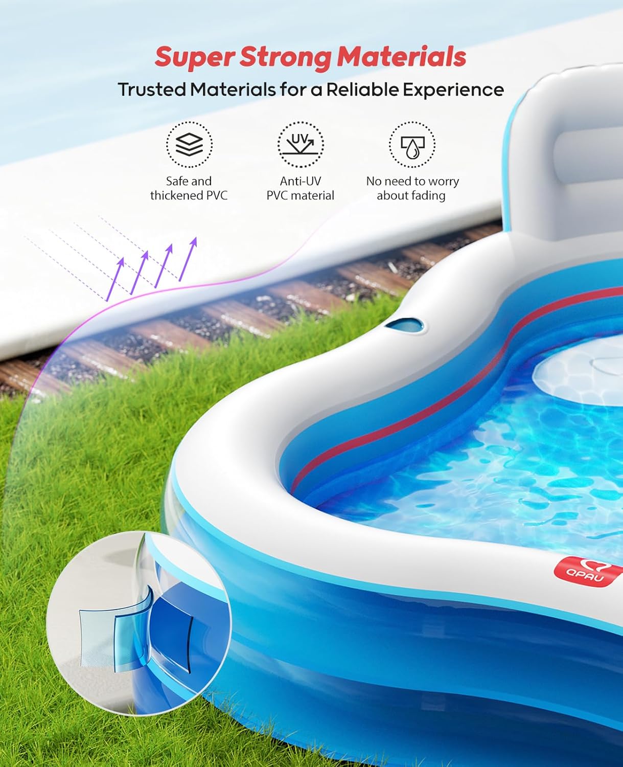 Large Inflatable Swimming Pool with Two Seats and Backrests, 80" L x 80" W x 27" D