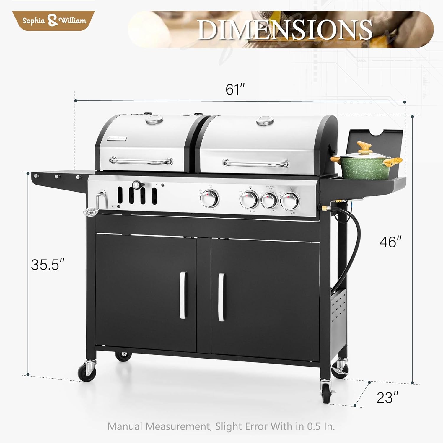 Charcoal and Propane Gas Grill Combo with Side Burner & Porcelain-Enameled Cast Iron Grate,
