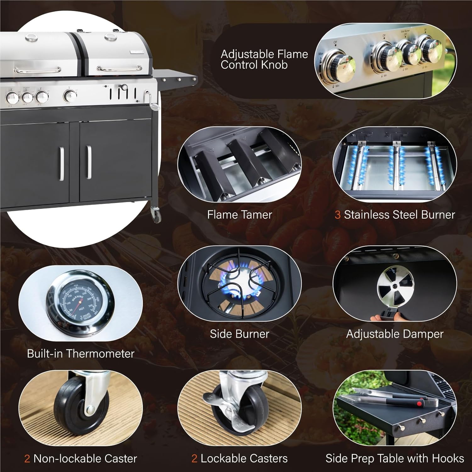 Charcoal and Propane Gas Grill Combo with Side Burner & Porcelain-Enameled Cast Iron Grate,
