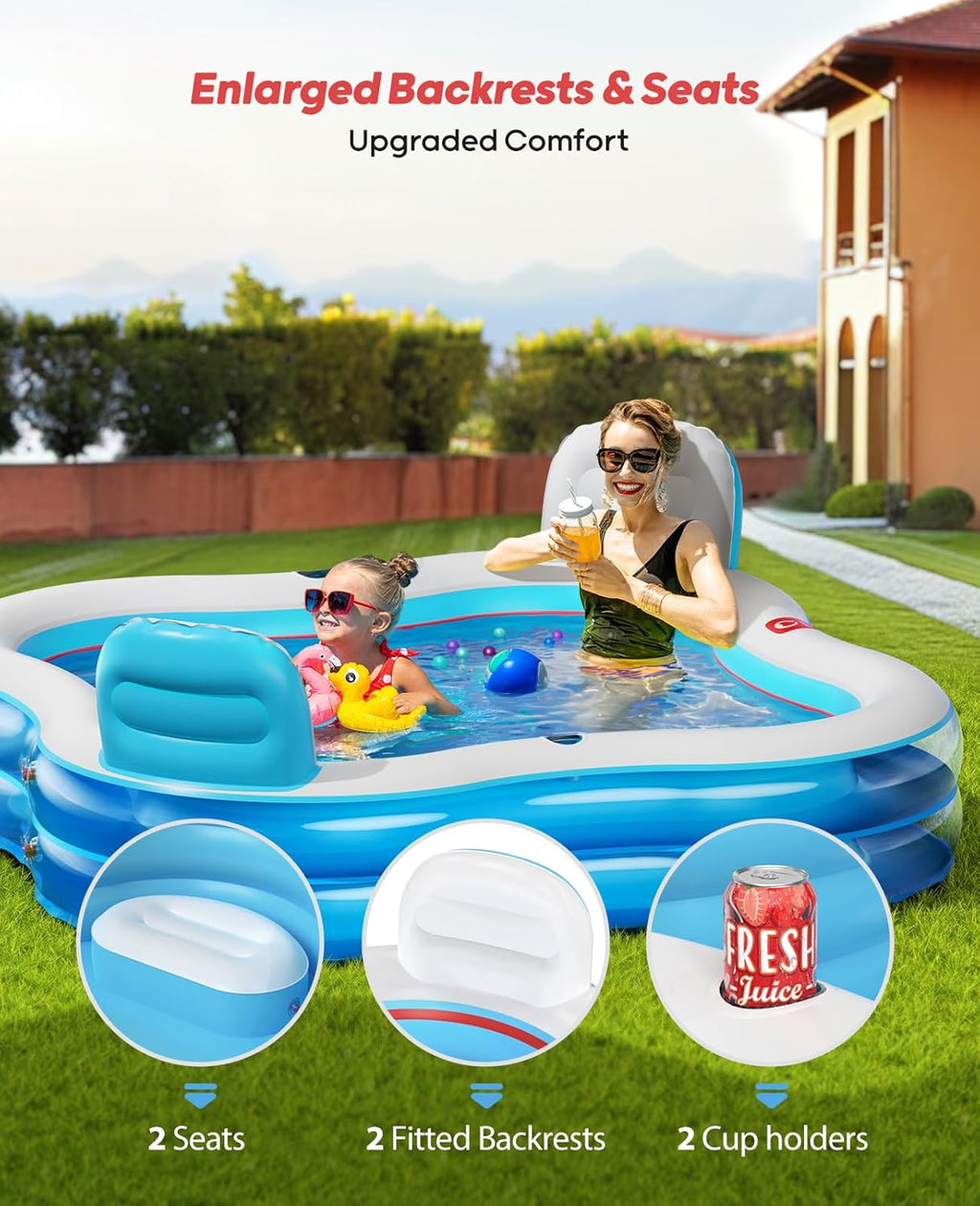 Large Inflatable Swimming Pool with Two Seats and Backrests, 80" L x 80" W x 27" D