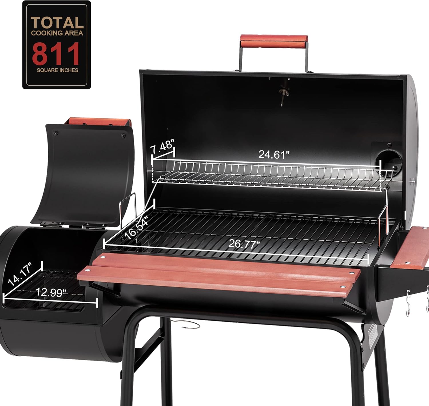 30-Inch Charcoal Grill with Offset Smoker and Wood-Painted Side Table, Outdoor 