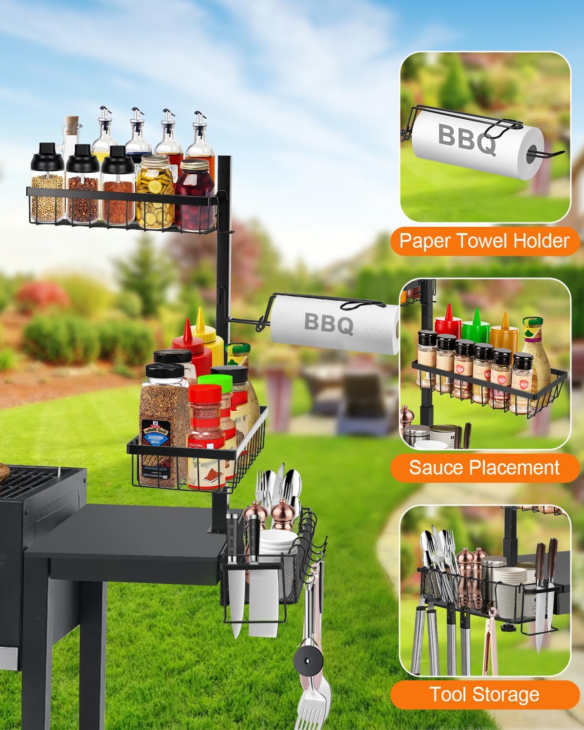 Grill Caddy for Outdoor Grill, Blackstone Griddle Accessories with Paper Towel Holder, for Blackstone Griddles 17"/22"/28"/36", Outdoor Kitchen Grill Carry System, Picnic Utensil Condiment Organizer