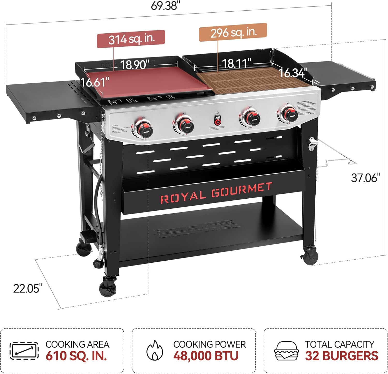 4-Burner Propane Gas Grill and Griddle Combo with Side Table, Porcelain-Enameled Cast Iron Grates & Ceramic-Coated Steel Griddle, Heavy-Duty and Portable, Black & Silver, GD405B-SC