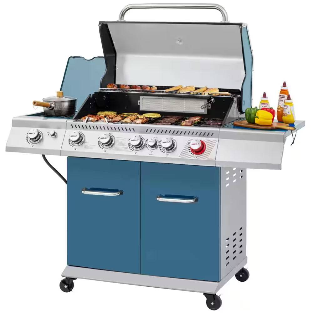 7 Burner Propane Gas Grill in Blue, Sear Burner, Rear Burner and Side Burner