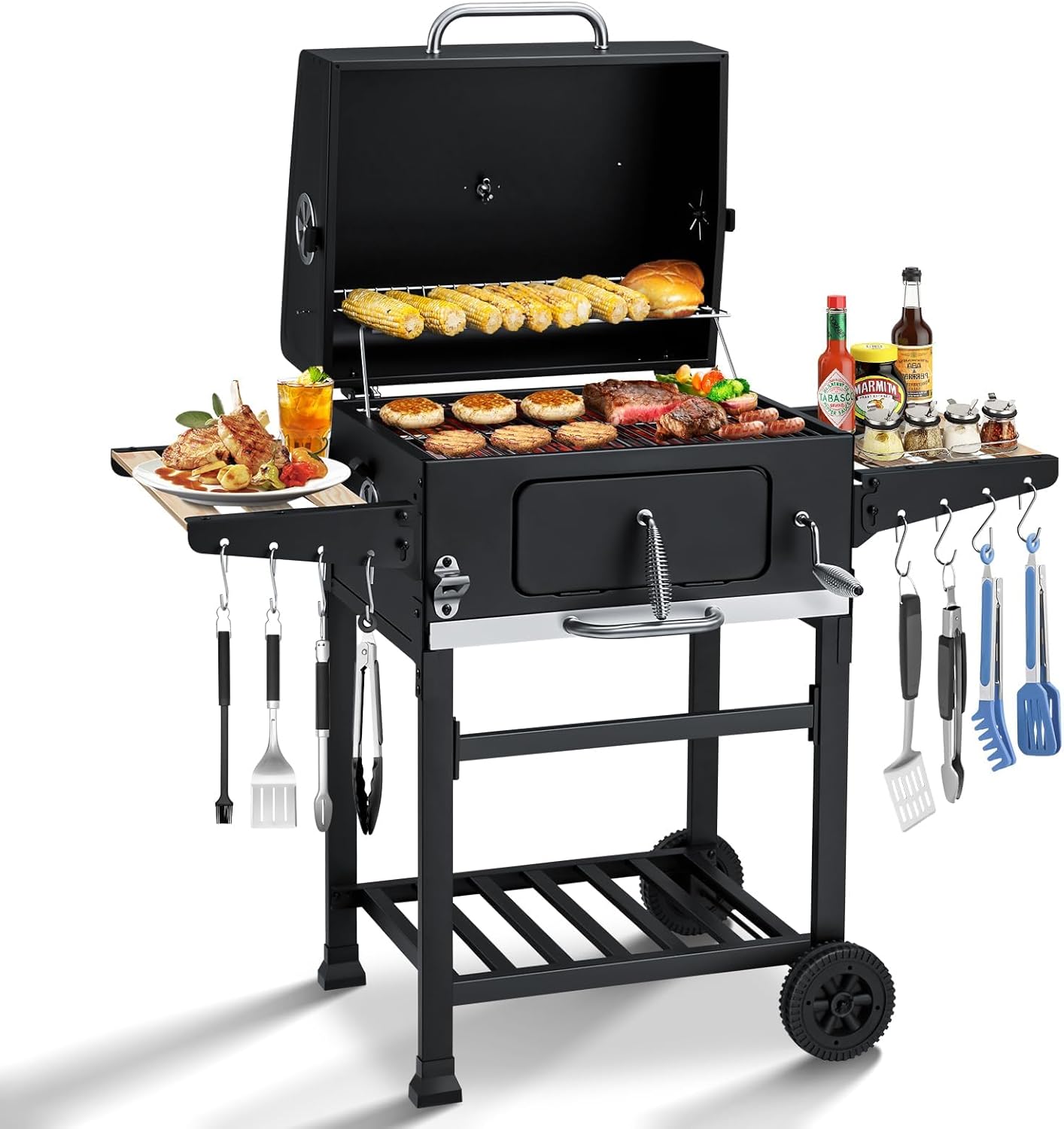 Charcoal Grill with Wood Foldable Side Table