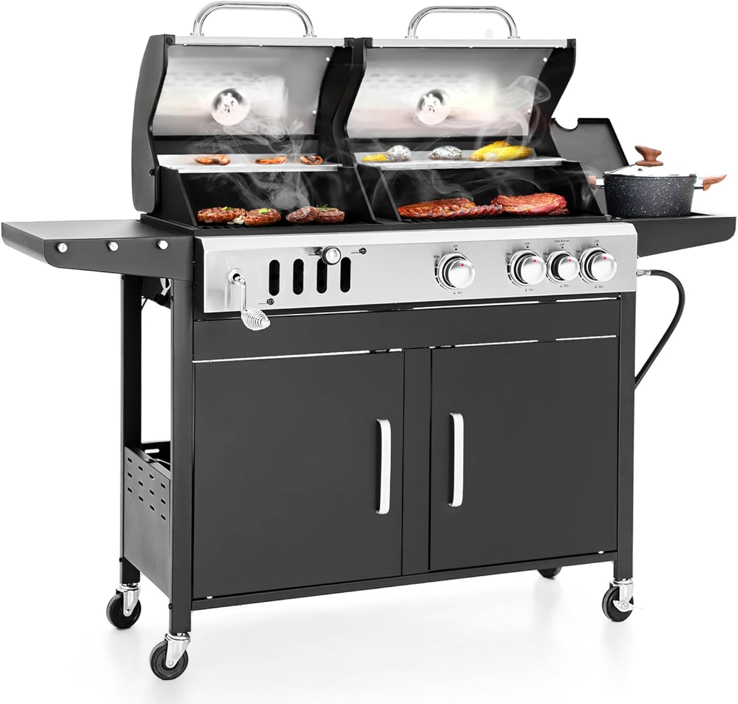 Charcoal and Propane Gas Grill Combo with Side Burner & Porcelain-Enameled Cast Iron Grate,