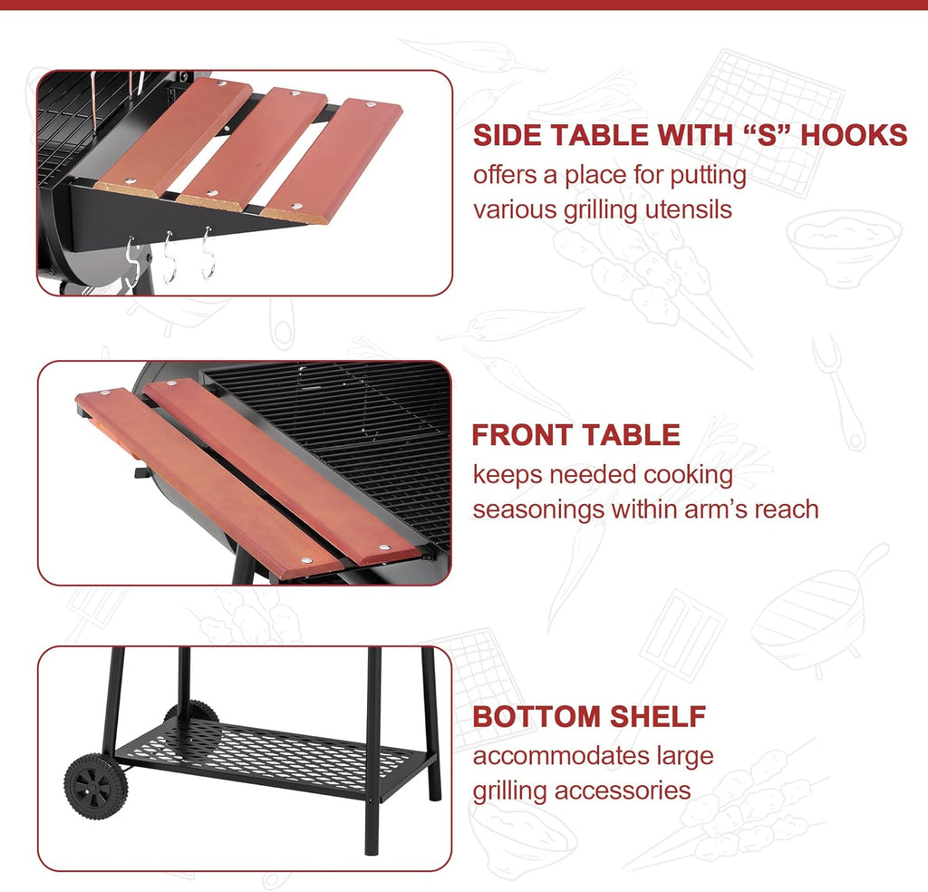  30-Inch Charcoal Grill with Offset Smoker and Wood-Painted Side Table, Outdoor 