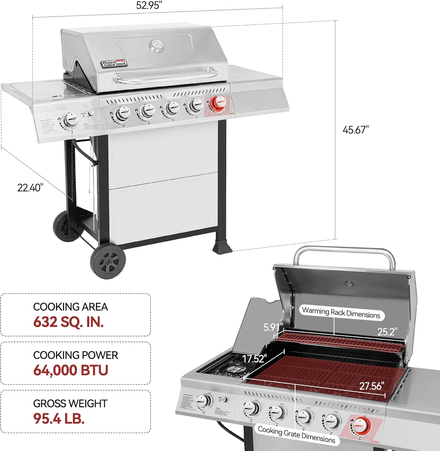 5-Burner Stainless Steel Propane Gas Grill with Sear and Side Burner, 632 Sq. 