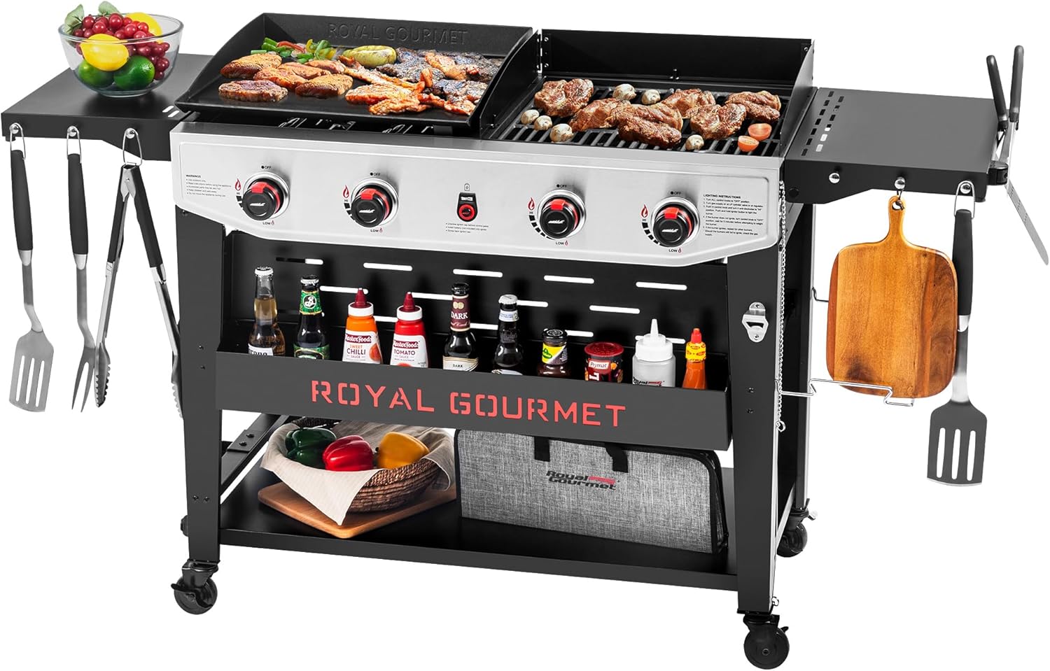 4-Burner Propane Gas Grill and Griddle Combo with Side Table, Porcelain-Enameled Cast Iron Grates & Ceramic-Coated Steel Griddle, Heavy-Duty and Portable, Black & Silver, GD405B-SC