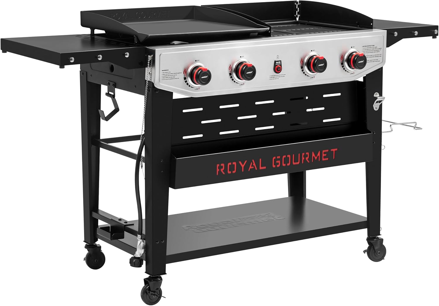 4-Burner Propane Gas Grill and Griddle Combo with Side Table, Porcelain-Enameled Cast Iron Grates & Ceramic-Coated Steel Griddle, Heavy-Duty and Portable, Black & Silver, GD405B-SC