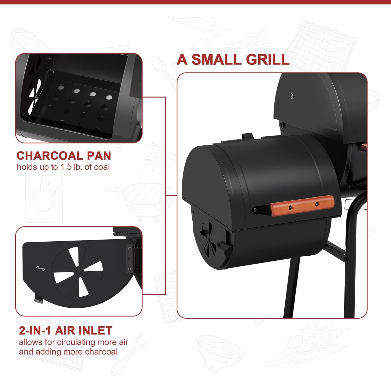  30-Inch Charcoal Grill with Offset Smoker and Wood-Painted Side Table, Outdoor 