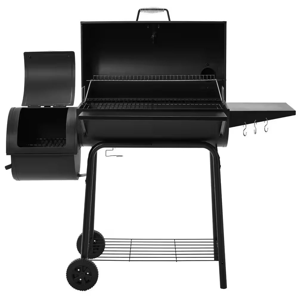 Charcoal Grill in Black with Offset Smoker and Side Table