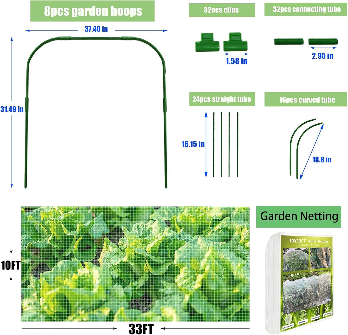 Garden Netting Kit, 8PCS Garden Hoops and 10X33Ft Garden Mesh for Raised Beds, Ultra Fine Plant Net for Vegetable Fruits Crops Row Cover Barrier Protection Net for Animals