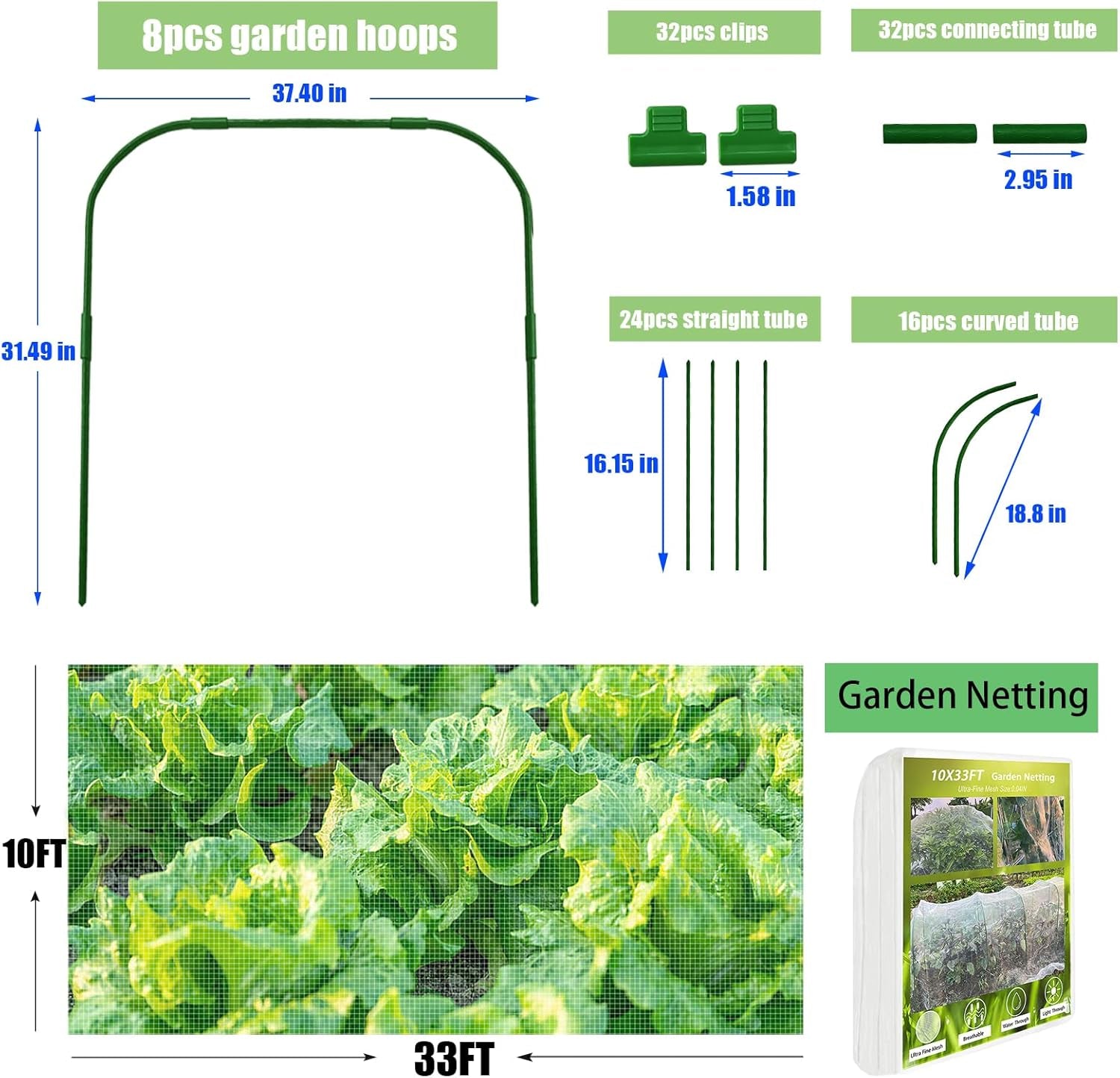 Garden Netting Kit, 8PCS Garden Hoops and 10X33Ft Garden Mesh for Raised Beds, Ultra Fine Plant Net for Vegetable Fruits Crops Row Cover Barrier Protection Net for Animals