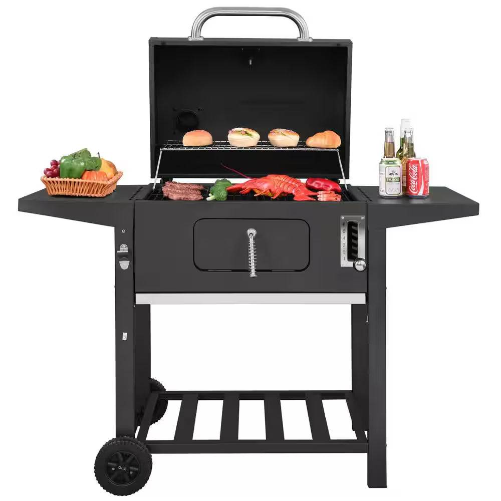 24 In. BBQ Charcoal Grill in Black with 2-Side Table with Cover