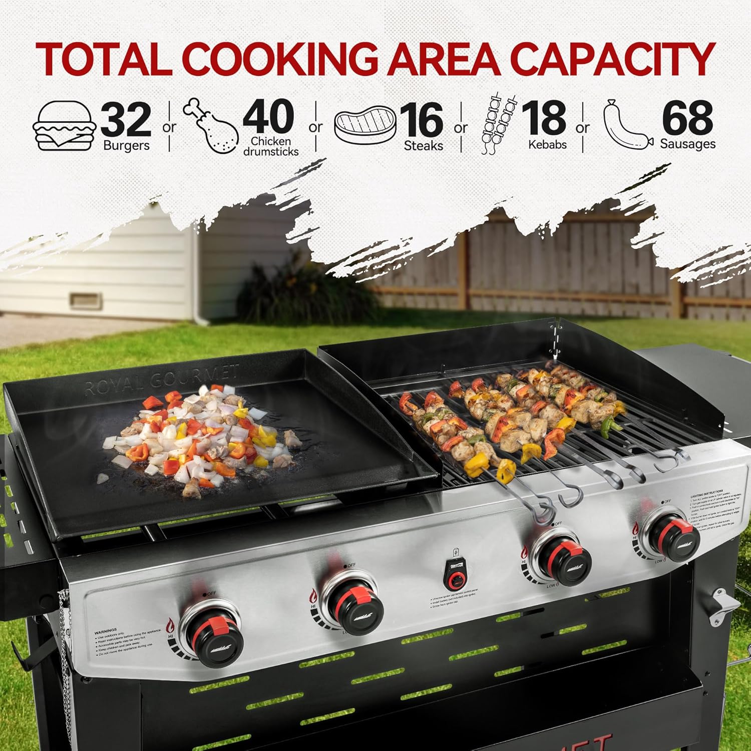 4-Burner Propane Gas Grill and Griddle Combo with Side Table, Porcelain-Enameled Cast Iron Grates & Ceramic-Coated Steel Griddle, Heavy-Duty and Portable, Black & Silver, GD405B-SC