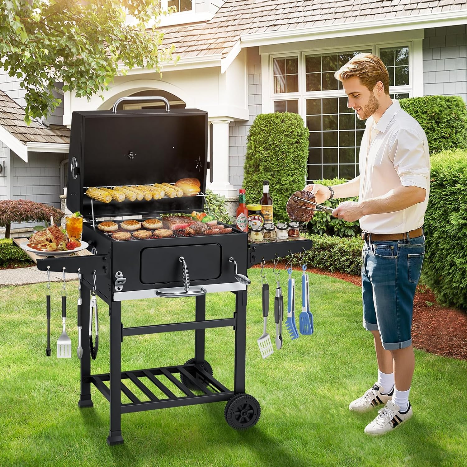 Charcoal Grill with Wood Foldable Side Table