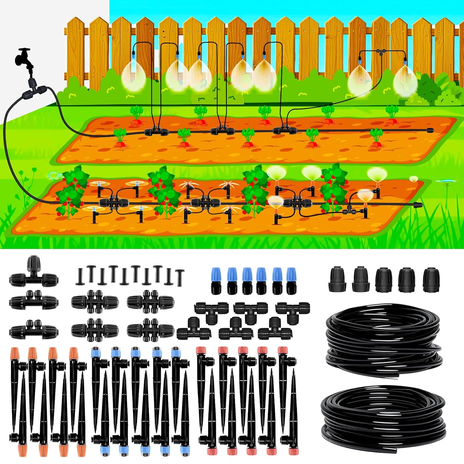 240FT Drip Irrigation System, 2025 Quick Connector Irrigation System for Garden, Adjustable Nozzles, Garden Watering System with 1/4" & 1/2" Tubing, Sprinklers for Garden, Vegetable, Greenhouse, Lawn