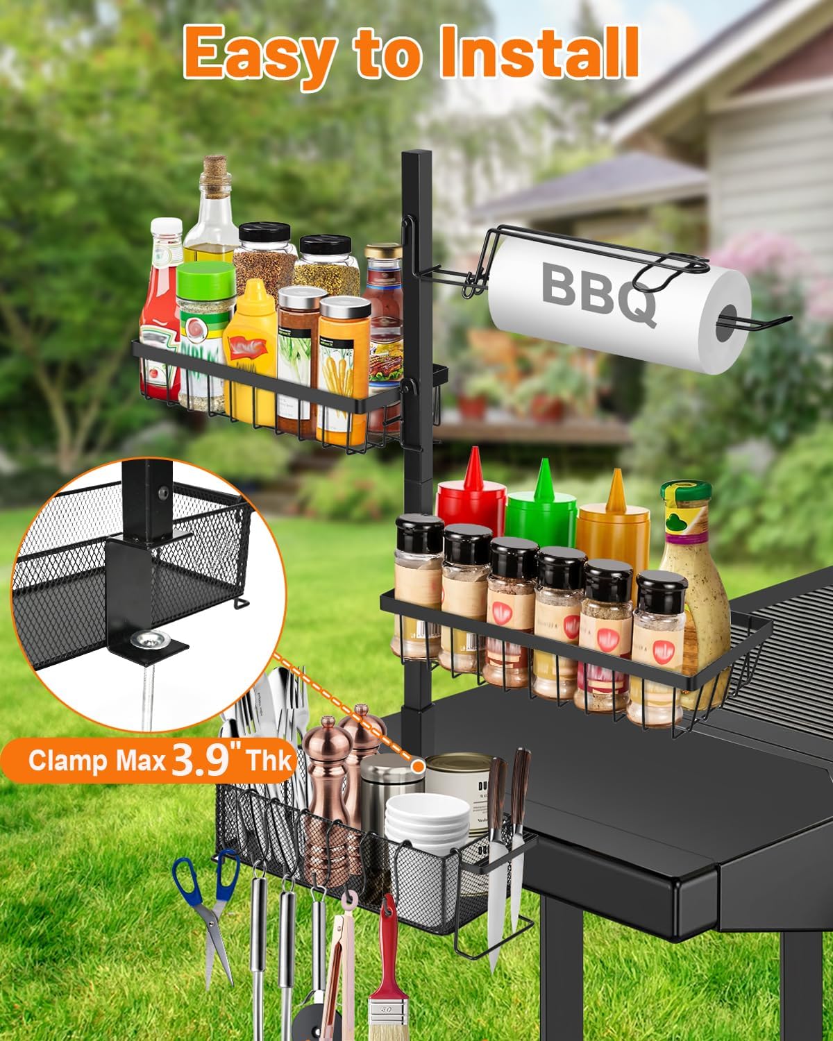 Grill Caddy for Outdoor Grill, Blackstone Griddle Accessories with Paper Towel Holder, for Blackstone Griddles 17"/22"/28"/36", Outdoor Kitchen Grill Carry System, Picnic Utensil Condiment Organizer