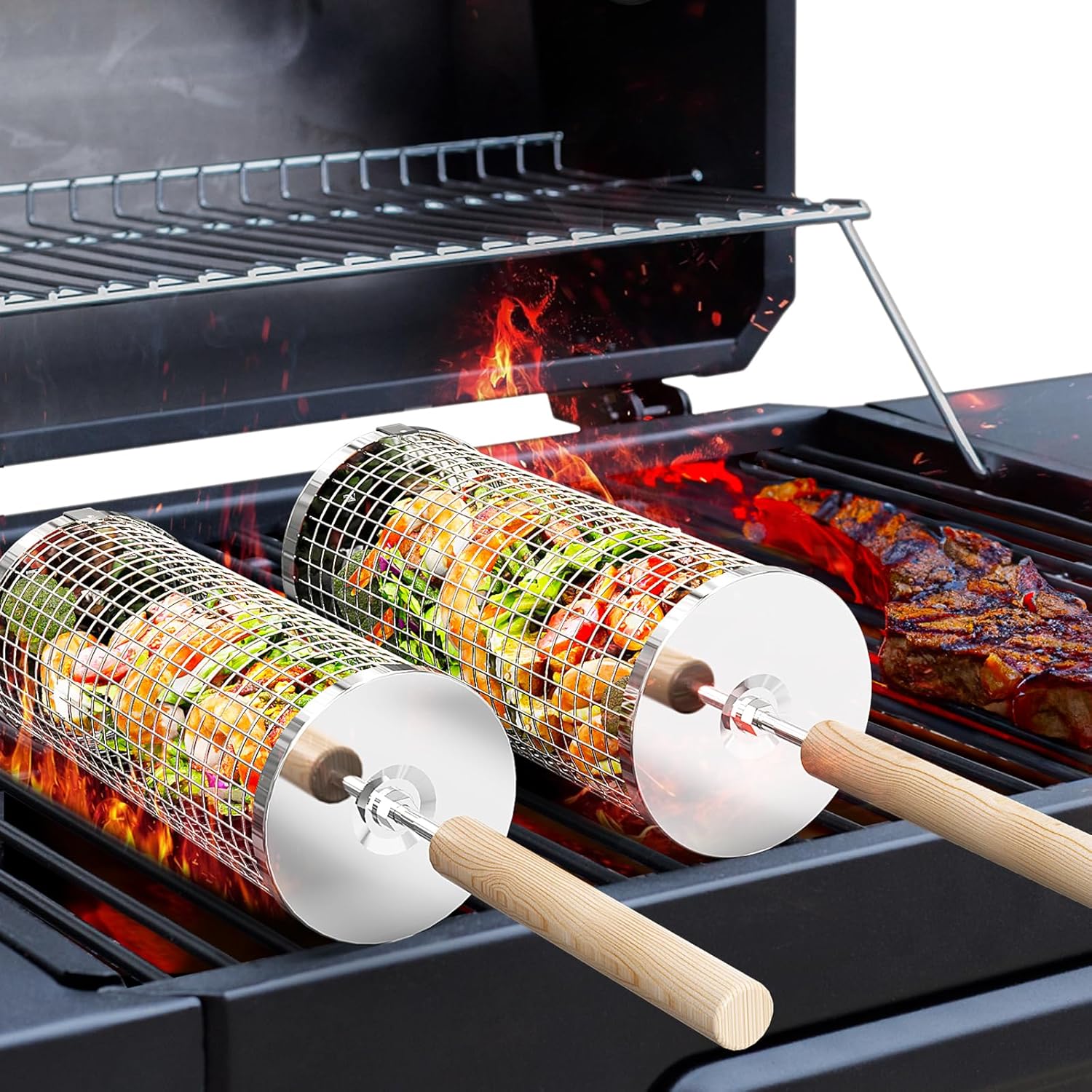 Rolling Grill Basket(2Pcs), Removable Wooden Handle, 304 Stainless Steel, Nesting Grilling Net, BBQ Accessories Tool for Vegetable Shrimp, Outdoor Cooking Camping, Birthday Gifts for Men Dad Husband