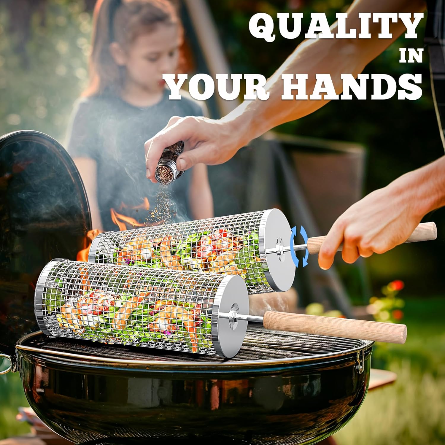 Rolling Grill Basket(2Pcs), Removable Wooden Handle, 304 Stainless Steel, Nesting Grilling Net, BBQ Accessories Tool for Vegetable Shrimp, Outdoor Cooking Camping, Birthday Gifts for Men Dad Husband